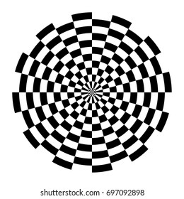 Optical circle. Circular op art element. Isolated radiating circle shape. Geometric concentric black white striped round lines. Optical illusion effect.