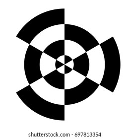 Optical circle. Circular op art element. Isolated radiating circle shape. Geometric concentric black white striped round lines. Optical illusion effect.