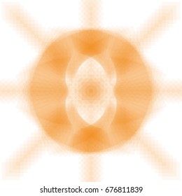Optical circle done by multiple overlapping transparent orange squares. In middle you can even see chicken legs. Artwork with many shapes.