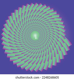 Optical circular motion illusion vector illustration background. purple green spiral striped pattern moving around the center