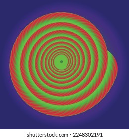 Optical circular motion illusion vector illustration background. Blue green red spiral striped pattern moving around the center