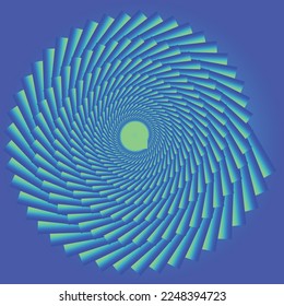 Optical circular motion illusion vector illustration background. fan blue cyan green spiral striped pattern moving around the center