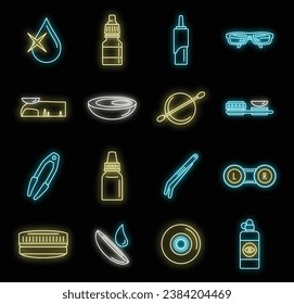 Optical contact lens icon set. Outline set of optical contact lens vector icons neon color on black