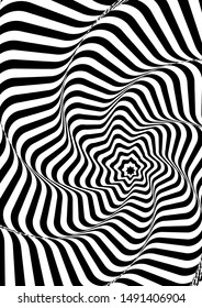 Optical contrast abstract background with distorted lines. Black and white striped psychedelic background. Abstract vector illustration. You can use for design covers, postcards, posters.