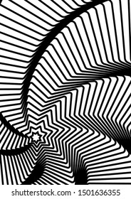 Optical contrast abstract background with distorted lines. Black and white striped psychedelic background. Abstract vector illustration. You can use for design covers, postcards, posters.