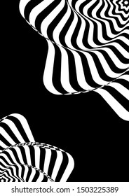 Optical contrast abstract background with distorted lines. Black and white striped psychedelic background. Abstract vector illustration. You can use for design covers, postcards, posters.