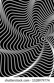 Optical contrast abstract background with distorted lines. Black and white striped psychedelic background. Abstract vector illustration. You can use for design covers, postcards, posters.
