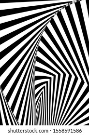 Fondo abstracto de contraste óptico con líneas distorsionadas. Fondo psicodélico rayado en blanco y negro. Ilustración abstracta vectorial. Puedes usar para portadas de diseño, postales, afiches.
