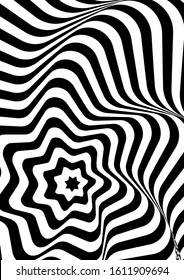 Optical contrast abstract background with distorted lines. Black and white striped psychedelic background. Abstract vector illustration. You can use for design covers, postcards, posters.