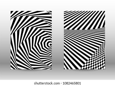Optical contrast. Set of abstract patterns with distorted lines. Black and white striped psychedelic background. Abstract vector illustration.You can use for design covers, cards,posters.