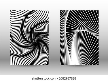 Optical contrast. Set of abstract patterns with distorted lines. Black and white striped psychedelic background. Abstract vector illustration.You can use for design covers, cards,posters.