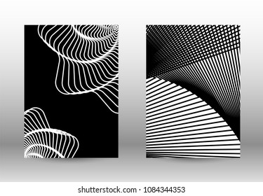 Optical contrast. Set of abstract patterns with distorted lines. Black and white striped psychedelic background. Abstract vector illustration.You can use for design covers, cards,posters.