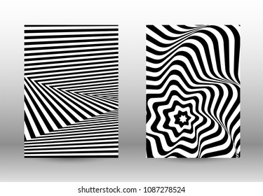Optical contrast. Set of abstract patterns with distorted lines. Black and white striped psychedelic background. Abstract vector illustration.You can use for design covers, cards,posters.
