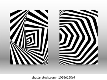 Optical contrast. Set of abstract patterns with distorted lines. Black and white striped psychedelic background. Abstract vector illustration.You can use for design covers, cards,posters.