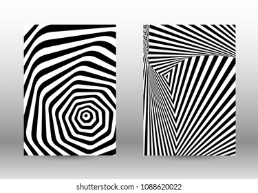 Optical contrast. Set of abstract patterns with distorted lines. Black and white striped psychedelic background. Abstract vector illustration.You can use for design covers, cards,posters.