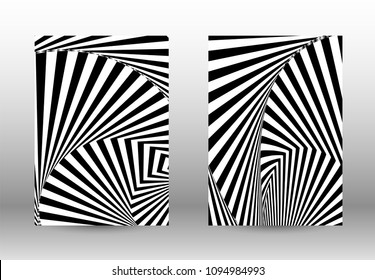 Optical contrast. Set of abstract patterns with distorted lines. Black and white striped psychedelic background. Abstract vector illustration.You can use for design covers, cards,posters.