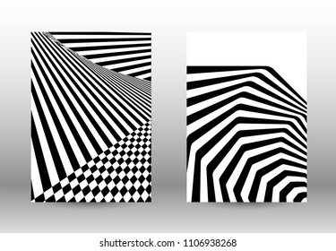 Optical contrast. Set of abstract patterns with distorted lines. Black and white striped psychedelic background. Abstract vector illustration.You can use for design covers, cards,posters.