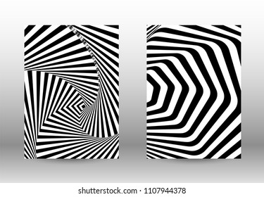 Optical contrast. Set of abstract patterns with distorted lines. Black and white striped psychedelic background. Abstract vector illustration.You can use for design covers, cards,posters.