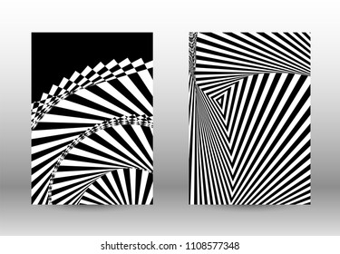 Optical contrast. Set of abstract patterns with distorted lines. Black and white striped psychedelic background. Abstract vector illustration.You can use for design covers, cards,posters.