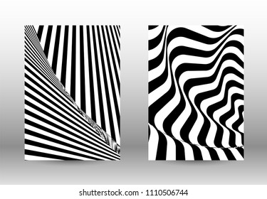 Optical contrast. Set of abstract patterns with distorted lines. Black and white striped psychedelic background. Abstract vector illustration.You can use for design covers, cards,posters.