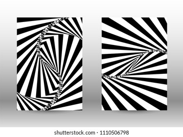 Optical contrast. Set of abstract patterns with distorted lines. Black and white striped psychedelic background. Abstract vector illustration.You can use for design covers, cards,posters.