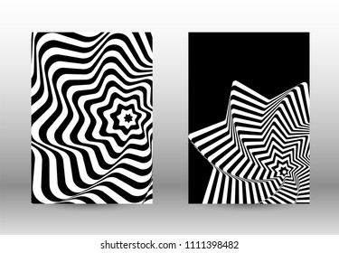 Optical contrast. Set of abstract patterns with distorted lines. Black and white striped psychedelic background. Abstract vector illustration.You can use for design covers, cards,posters.