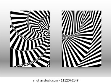 Optical contrast. Set of abstract patterns with distorted lines. Black and white striped psychedelic background. Abstract vector illustration.You can use for design covers, cards,posters.