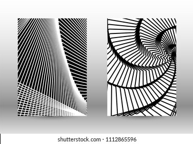 Optical contrast. Set of abstract patterns with distorted lines. Black and white striped psychedelic background. Abstract vector illustration.You can use for design covers, cards,posters.