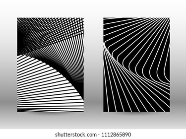 Optical contrast. Set of abstract patterns with distorted lines. Black and white striped psychedelic background. Abstract vector illustration.You can use for design covers, cards,posters.
