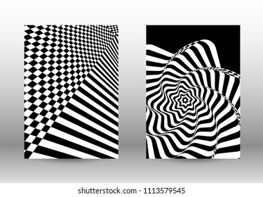 Optical contrast. Set of abstract patterns with distorted lines. Black and white striped psychedelic background. Abstract vector illustration.You can use for design covers, cards,posters.