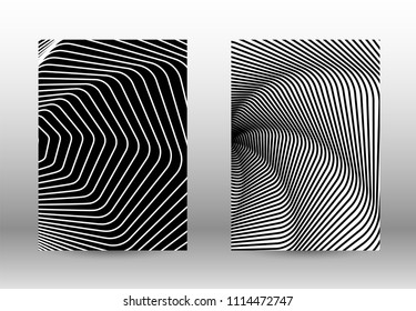 Optical contrast. Set of abstract patterns with distorted lines. Black and white striped psychedelic background. Abstract vector illustration.You can use for design covers, cards,posters.