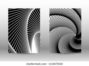 Optical contrast. Set of abstract patterns with distorted lines. Black and white striped psychedelic background. Abstract vector illustration.You can use for design covers, cards,posters.