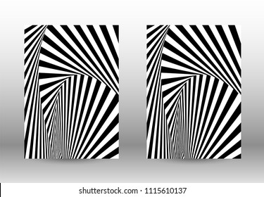 Optical contrast. Set of abstract patterns with distorted lines. Black and white striped psychedelic background. Abstract vector illustration.You can use for design covers, cards,posters.