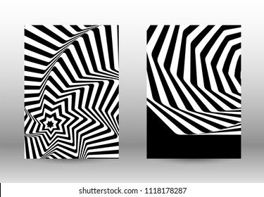 Optical contrast. Set of abstract patterns with distorted lines. Black and white striped psychedelic background. Abstract vector illustration.You can use for design covers, cards,posters.