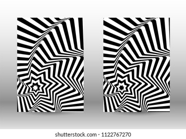 Optical contrast. Set of abstract patterns with distorted lines. Black and white striped psychedelic background. Abstract vector illustration.You can use for design covers, cards,posters.