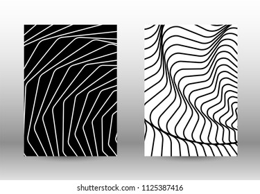 Optical contrast. Set of abstract patterns with distorted lines. Black and white striped psychedelic background. Abstract vector illustration.You can use for design covers, cards,posters.