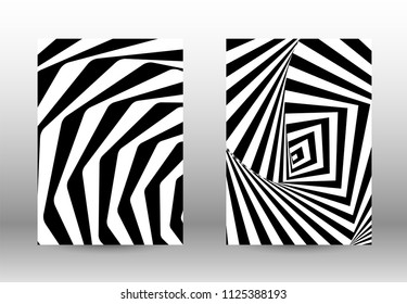 Optical contrast. Set of abstract patterns with distorted lines. Black and white striped psychedelic background. Abstract vector illustration.You can use for design covers, cards,posters.