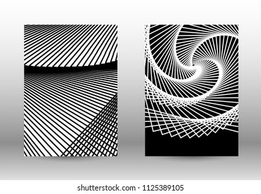 Optical contrast. Set of abstract patterns with distorted lines. Black and white striped psychedelic background. Abstract vector illustration.You can use for design covers, cards,posters.