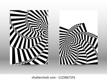 Optical contrast. Set of abstract patterns with distorted lines. Black and white striped psychedelic background. Abstract vector illustration.You can use for design covers, cards,posters.