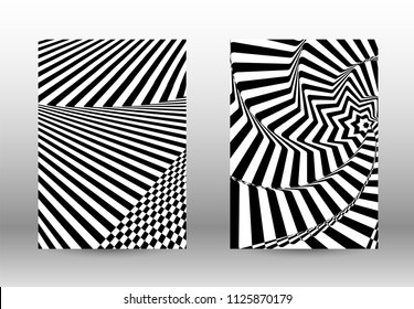 Optical contrast. Set of abstract patterns with distorted lines. Black and white striped psychedelic background. Abstract vector illustration.You can use for design covers, cards,posters.