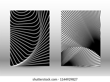 Optical contrast. Set of abstract patterns with distorted lines. Black and white striped psychedelic background. Abstract vector illustration.You can use for design covers, cards,posters.