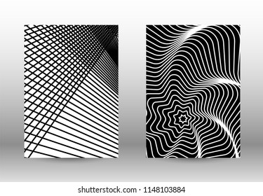Optical contrast. Set of abstract patterns with distorted lines. Black and white striped psychedelic background. Abstract vector illustration.You can use for design covers, cards,posters.