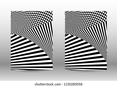 Optical contrast. Set of abstract patterns with distorted lines. Black and white striped psychedelic background. Abstract vector illustration.You can use for design covers, cards,posters.