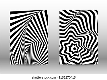 Optical contrast. Set of abstract patterns with distorted lines. Black and white striped psychedelic background. Abstract vector illustration.You can use for design covers, cards,posters.