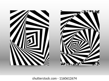 Optical contrast. Set of abstract patterns with distorted lines. Black and white striped psychedelic background. Abstract vector illustration.You can use for design covers, cards,posters.
