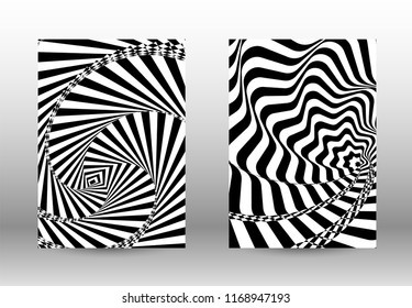 Optical contrast. Set of abstract patterns with distorted lines. Black and white striped psychedelic background. Abstract vector illustration.You can use for design covers, cards,posters.