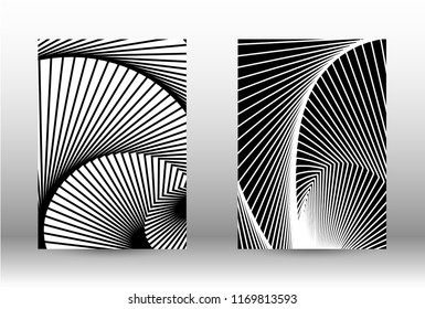 Optical contrast. Set of abstract patterns with distorted lines. Black and white striped psychedelic background. Abstract vector illustration.You can use for design covers, cards,posters.