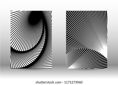 Optical contrast. Set of abstract patterns with distorted lines. Black and white striped psychedelic background. Abstract vector illustration.You can use for design covers, cards,posters.