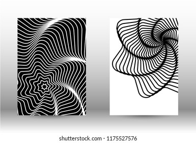 Optical contrast. Set of abstract patterns with distorted lines. Black and white striped psychedelic background. Abstract vector illustration.You can use for design covers, cards,posters.