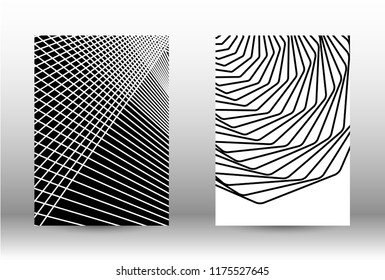 Optical contrast. Set of abstract patterns with distorted lines. Black and white striped psychedelic background. Abstract vector illustration.You can use for design covers, cards,posters.